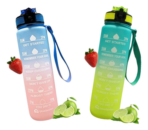 Kit De 2 Botellas De Agua Motivacionales Deportivas 1 Lt. Color Amarillo-verde Rosa-azul