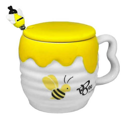 Tazón Taza Ceramica Diseño Abeja 430ml + Cuchara + Tapa