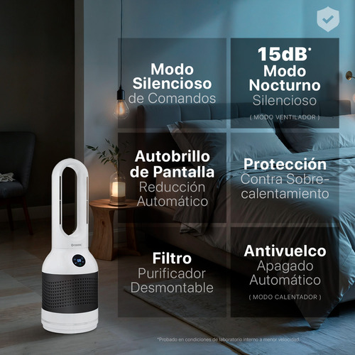 Ventilador Purificador Calentador 3 En 1 Esquimal, 8 Velocidades, 3 Niveles De Calefacción, Temporizador, (Chico, Gris - Blanco)
