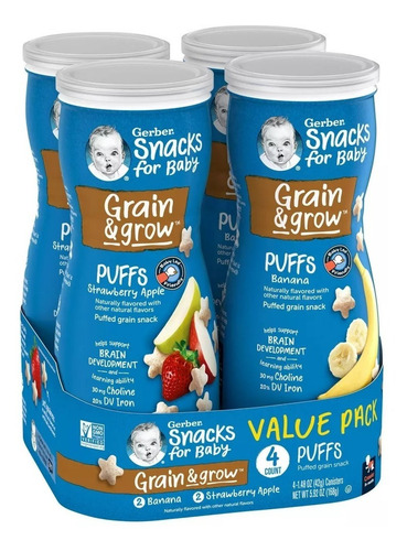 Gerber Puffs Banana/fresa-apple. Snack 4pack 42gr. Importado