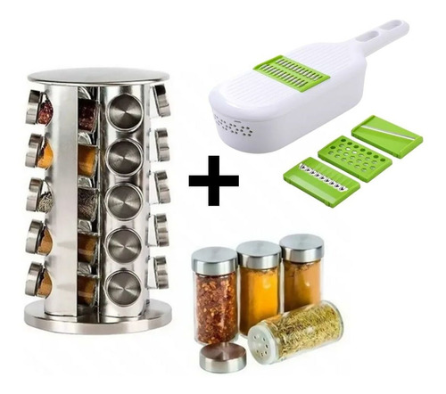 Porta Temperos Giratório 20 Peças Açoinox + Fatiador Legumes