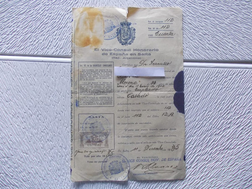 5111-certificado Viceconsul España En Salta Arg.estamp.1935 