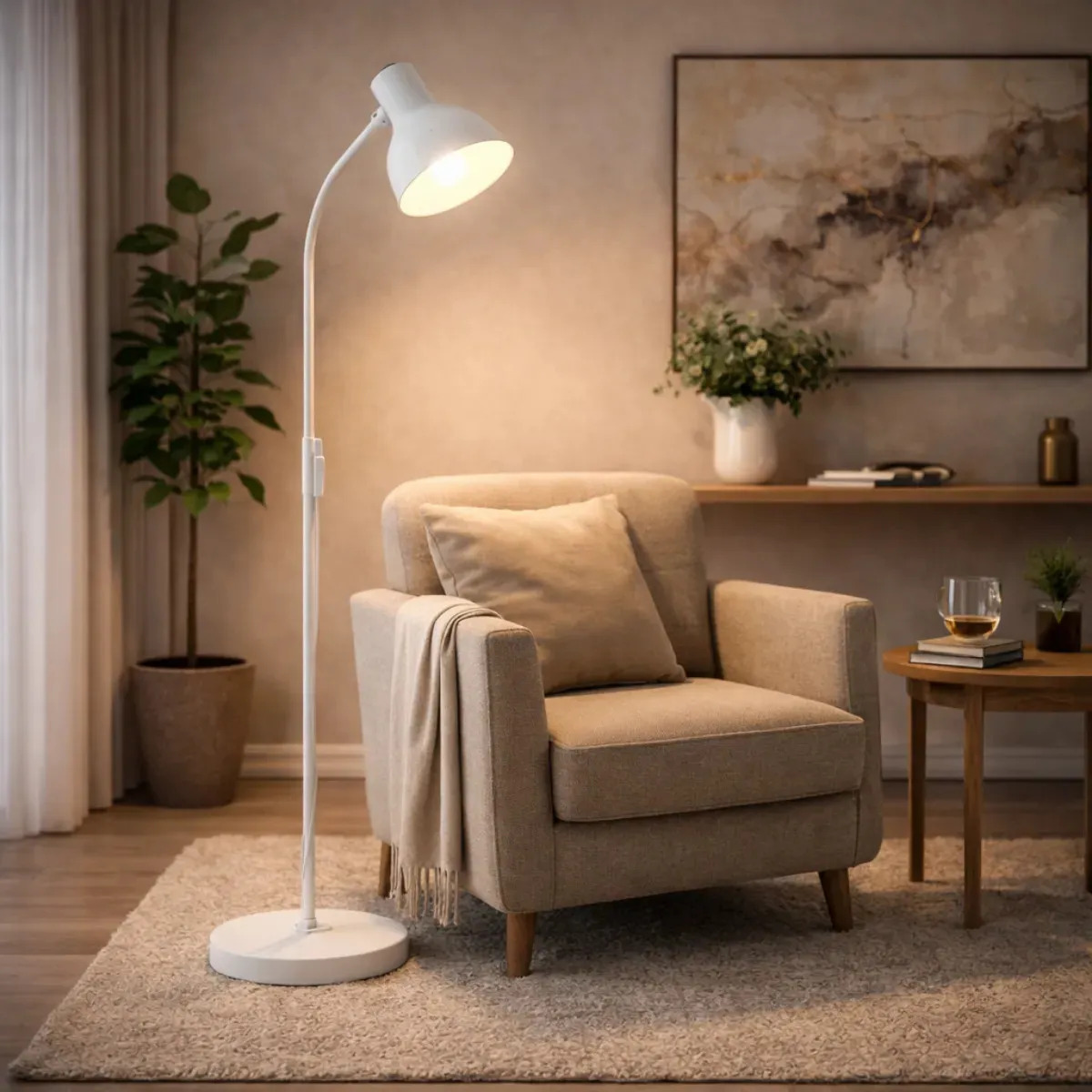 Luminária De Chão Abajur Articulada 1,6m Pedestal Coluna Cúpula Branco Flexível De Piso Quarto Sala Leitura Bivolt Bravvi