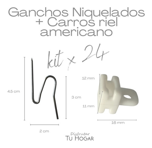 24 Correderas Riel Americano + 24 Alfileres Gancho Niquelado