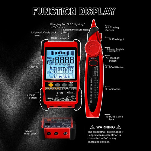 Testador De Cabo Portátil Tooltop Et618 Com Display Lcd