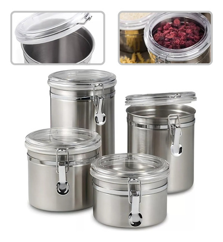 Kit 4 Potes Herméticos Inox Com Tampa Transparente E Trava