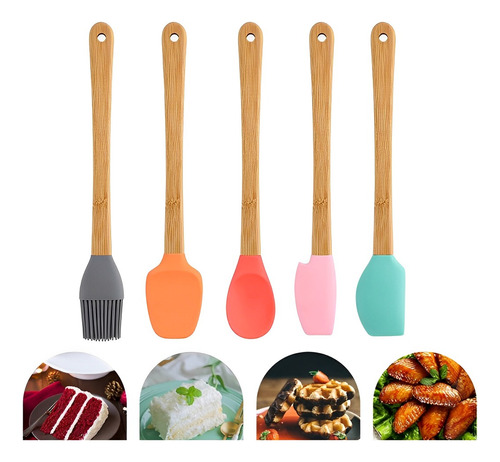 Set 5 Espátulas De Silicon Y Madera Utensilios Cocina 21.9cm