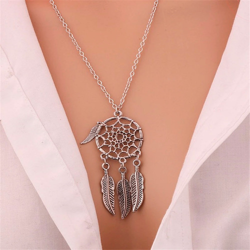 Colar Feminino Gargantilha Mandala 4 Penas Prateado Sonhos