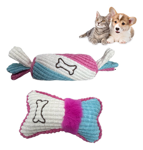 2 Brinquedos Mordedor Pelúcia Resistente Apito Cachorro Gato Cor Azul E Rosa Desenho Bala E Osso