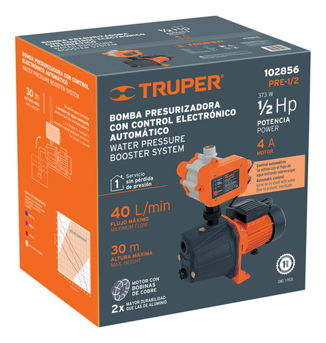 Bomba presurizadora jet cabezal de hierro 1/2 HP con control automático de presión Truper PRE-1/2