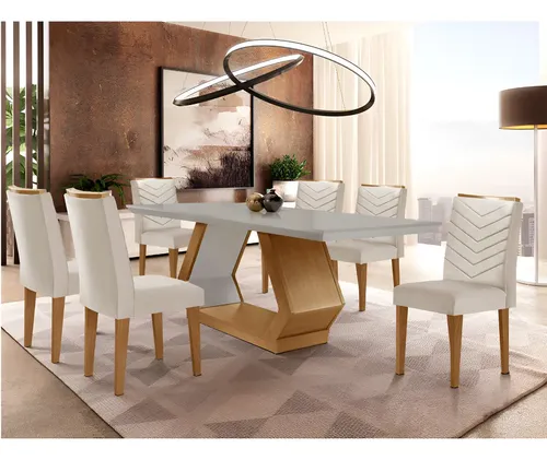 Mesa De Jantar 6 Lugares Retangular Rufato Alvorada Londrina Cor Branco e Madeira