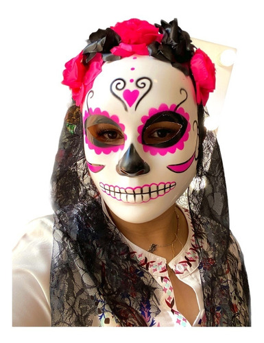 Máscara Catrina Velo Flores Rosa Disfraz Dia Muertos Hallowe