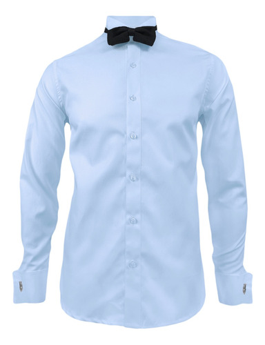 Camisa Smoking Azul Claro Puño Mancornas Manga Larga Hombre