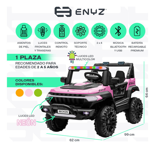 Camioneta Montable Eléctrico Con Control Remoto Para Niña Niño Con Asientos De Piel Carro Todo Terreno Bcx-7 Rosa Delfin Enyz Led Neon Y Muticolor Música Bluetooth Edades De 2 A 5 Años