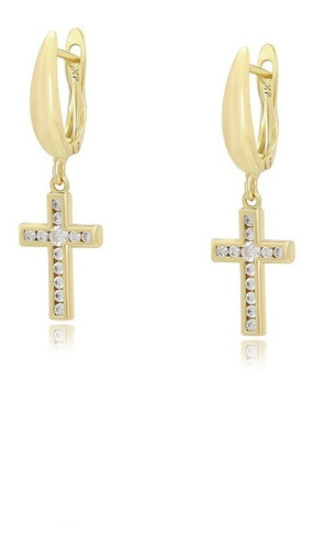 Aretes Oro Laminado Cruz Colgante Zirconias 