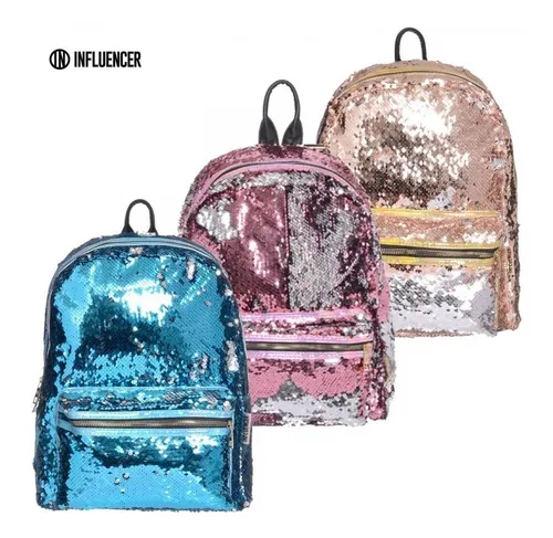 Mochila Nena Lentejuelas Reversibles Bicolor Escolar Urbana