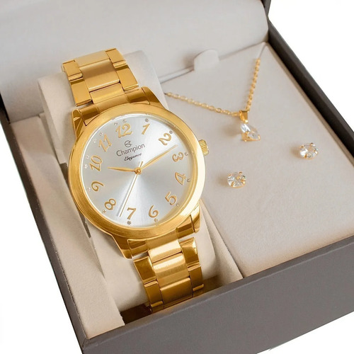 Relógio Champion Feminino Cn29409d + Colar E Brincos