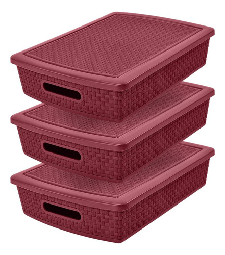 Set De 3 Cestas Plásticas Rectangulares 12 Litros Color Vino