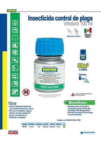 Insecticida Control De Plaga Inholoro 100ml Surtek Araña /v