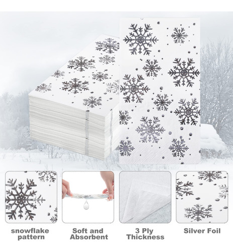 60 Servilletas De Papel Aluminio Plateado Con Copos De Nieve