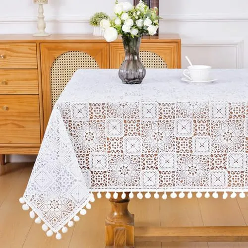 Mantel De Vinilo Blanco Impermeable Con Borlas, 55x55 Pulgad