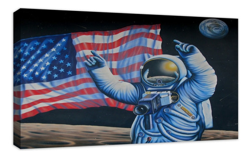 Cuadro Decorativo Canvas Canvas Hd Astronauta Con Bandera Color Natural Armazón Natural