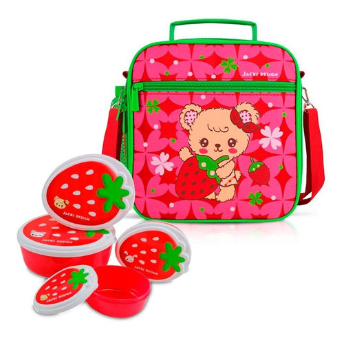 Kit Lancheira Térmica Infantil + 4 Potinhos Cor Vermelho