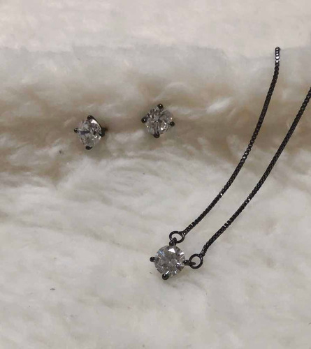 Conjunto Colar E Brinco Ponto De Luz Ródio Negr Frete Grátis