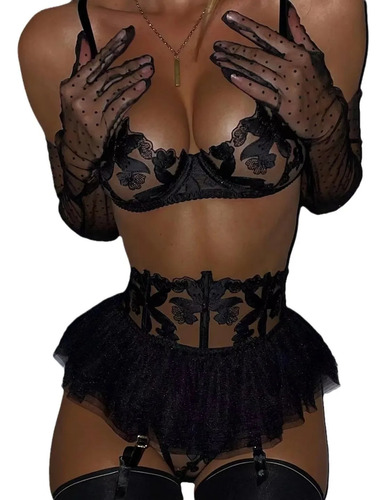 Conjunto De Sujetador De Encaje Con Minifalda, Lencería Sexy