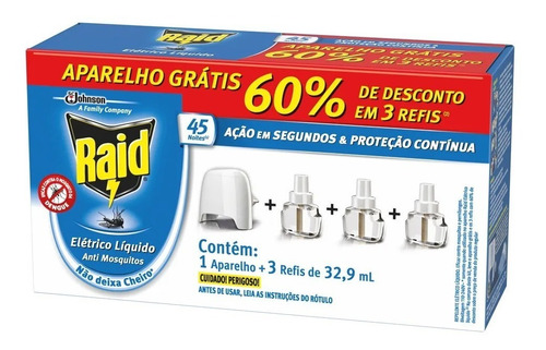 Kit Repelente Elétrico Raid 45 Noites / 3 Refis + 1 Aparelho