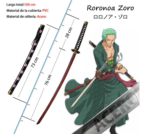 LUDEDE Roronoa Zoro Acero Katana - 104cm Shusui Anime One Piece Con Cinturón y Soporte - Espada Perfecta Para Cosplay, Colección