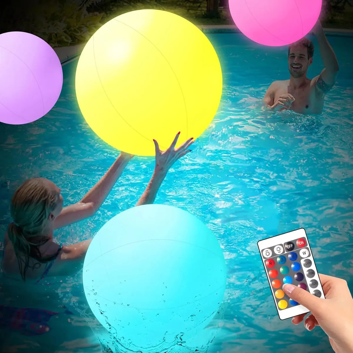 4 Pack LED Pelotas De Playa con Control Remoto y Bomba De Aire, Juguetes de Piscina,Inflables Pelotas Para Alberca De Agua, Juguetes De Playa Brilla En La Oscuridad Para Pool Party Interior Y Exterior