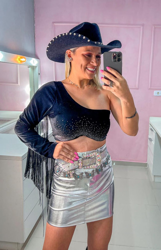 Cropped Manga Única Veludo Com Franja Brilho Sexy