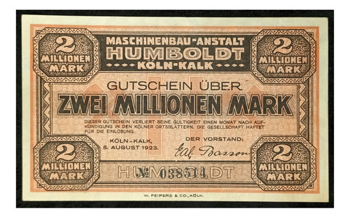 Alemania Notgeld Colonia 2 Millones De Marcos 1923 Sc