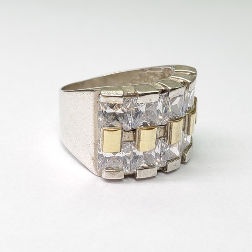 Imagen 7 de 10 de Anillo Plata Y Oro 2 Hileras Piedras Cuadradas Cubic