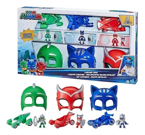 Pj Masks Muñecos 3 Héroes 3 Máscaras 3 Vehículos Set Cromado