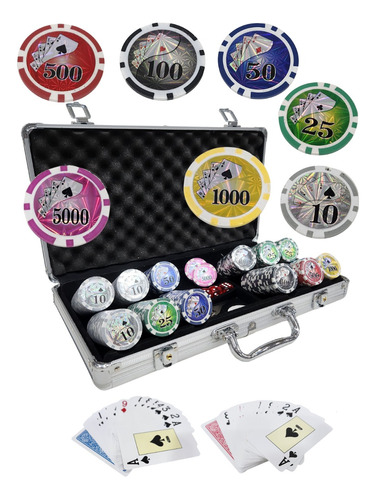 Juego Poker 300 Fichas Holograma 11,5gms Numerada 500 Y 1000