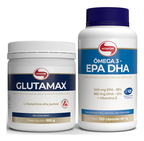 Glutamina Glutamax 300g + Ômega 3 Epa / Dha 120 Cápsulas Vitafor