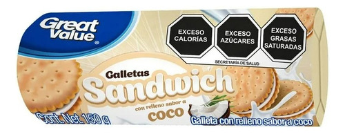 10 Pzas Galletas Great Value Con Relleno Sabor Coco 150 G