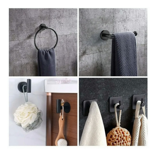 Imagen 5 de 9 de Set De 6 Accesorios De Baño Acero Inoxidable Negro Y Plata