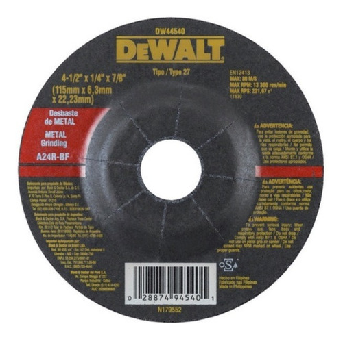 Disco Desbaste De Metal 4 1/2x1/4x7/8 Dw44540 Dewalt 3pack