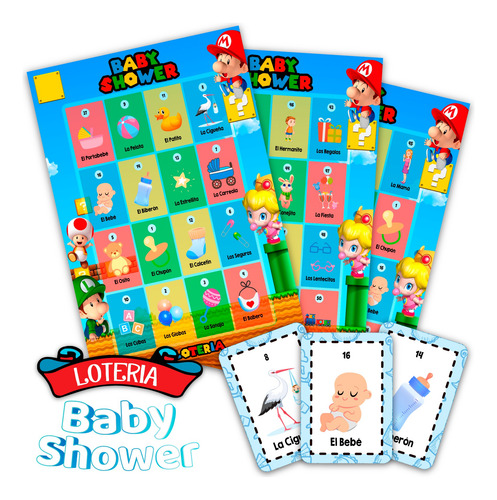 Lotería Baby Shower Mario Bros 100 Tablas Imprimibles Juegos