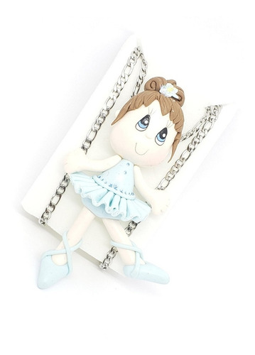 Collar Niña Bailarina Azul Pasta Francesa+cadena Inox Pf33 Color Plateado
