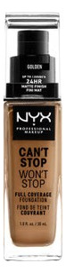 Base de maquillaje líquida NYX Professional Makeup Can't Stop Won't Stop Full Coverage Foundation Base Nyx Professional Makeup Can't Stop Won't Stop tono golden - 30mL 30g