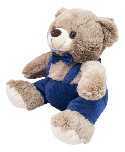 Urso Marrom De Suspensório E Gravata Azul Em Pelúcia 34 Cm