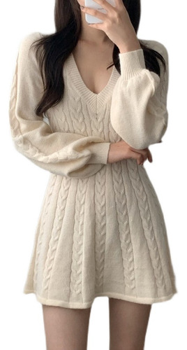 Elegante Minisuéter De Punto Con Cuello En V Y Manga Larga E