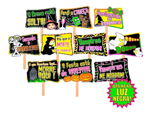 Imagem 1 de 6 de Placas Divertidas Halloween Neon - Kit 10 Unidades