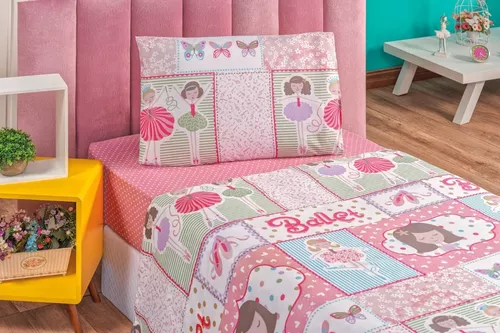 Jogo De Cama Infantil Menina Estampado Rosa Menina 3 Peças 100% Algodão