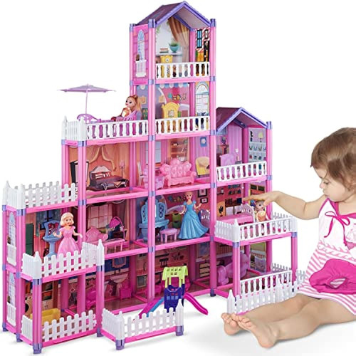 (13 Habitaciones) 292 Pcs Dollhouse Building Playset, Pink P