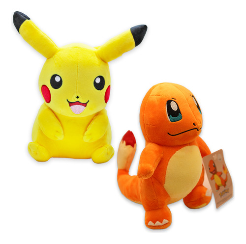 Kit Pelúcia 2 Bonecos Pokémon Ursinhos Pikachu + Charmander